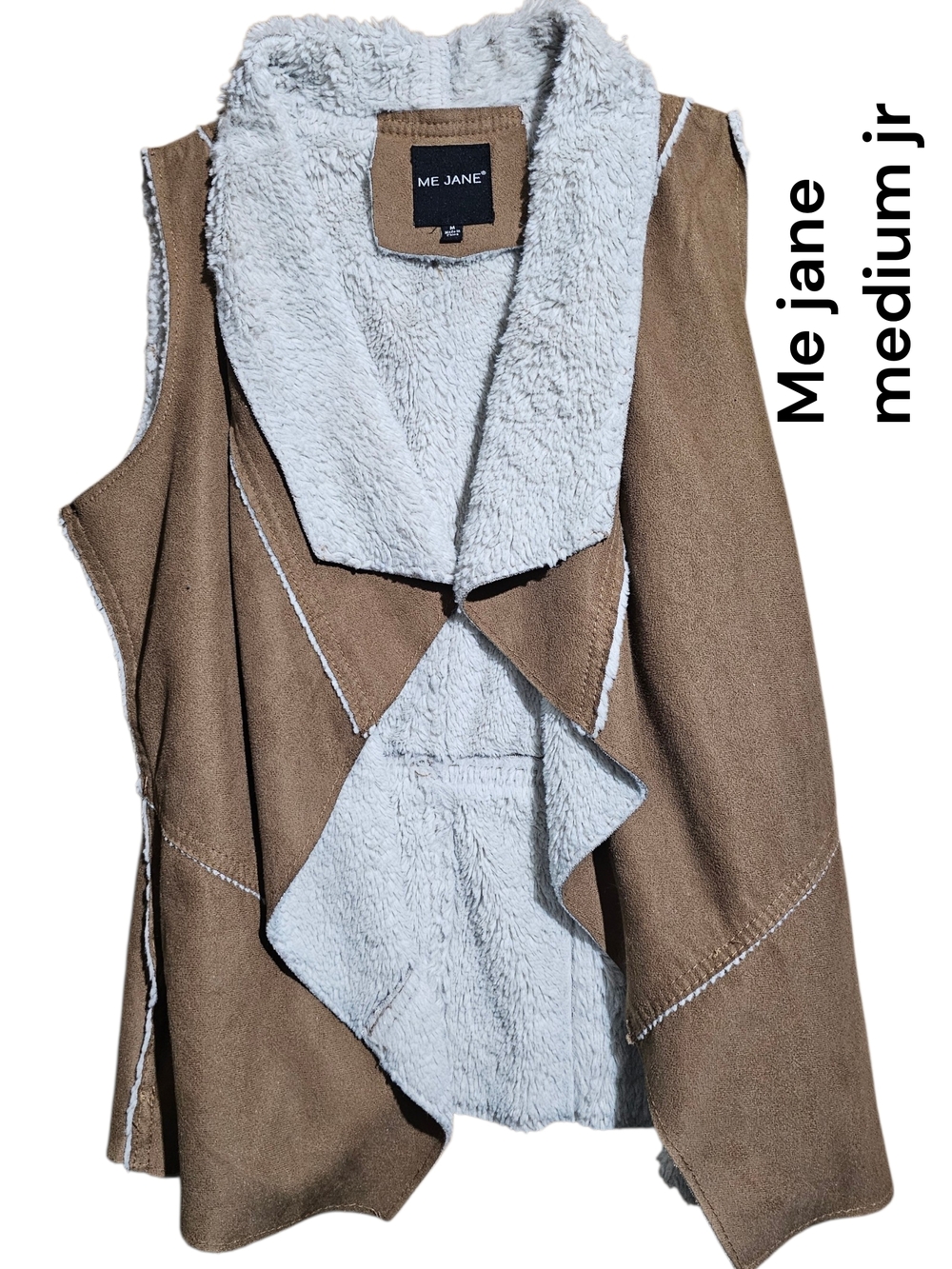Me Jane Tan Faux-Suede Draped Vest with Cream Sherpa